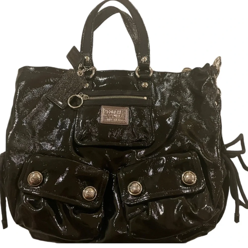 AUTH COACH POPPY GLOSSY CRINKLE PATENT LEATHER SATCHEL BAG PURSE 13869 BLACK - Picture 3 of 11